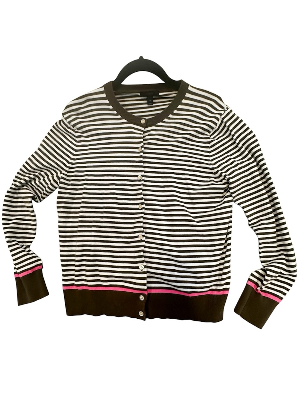 J. Crew Black & White Striped Cardigan with Pink Trim